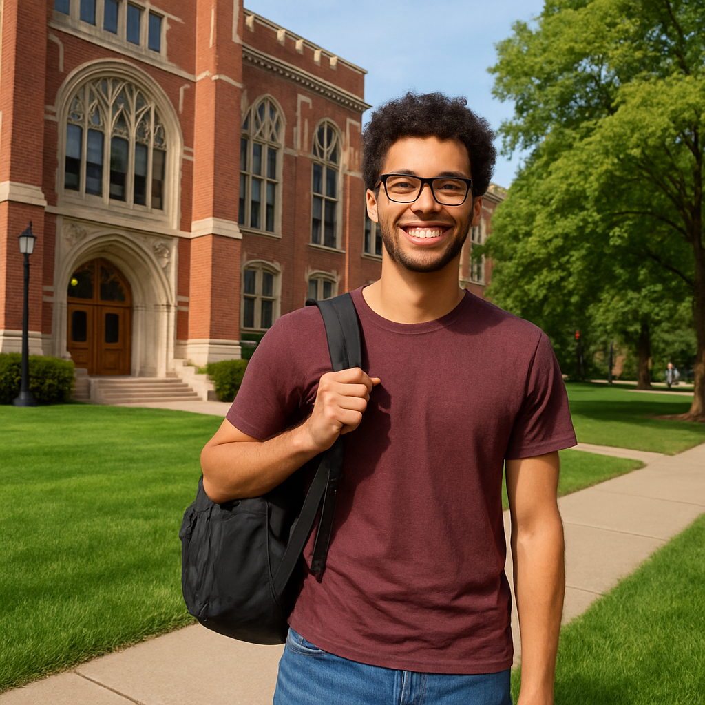 Build an 800x600 image showing a student on a campus of a university