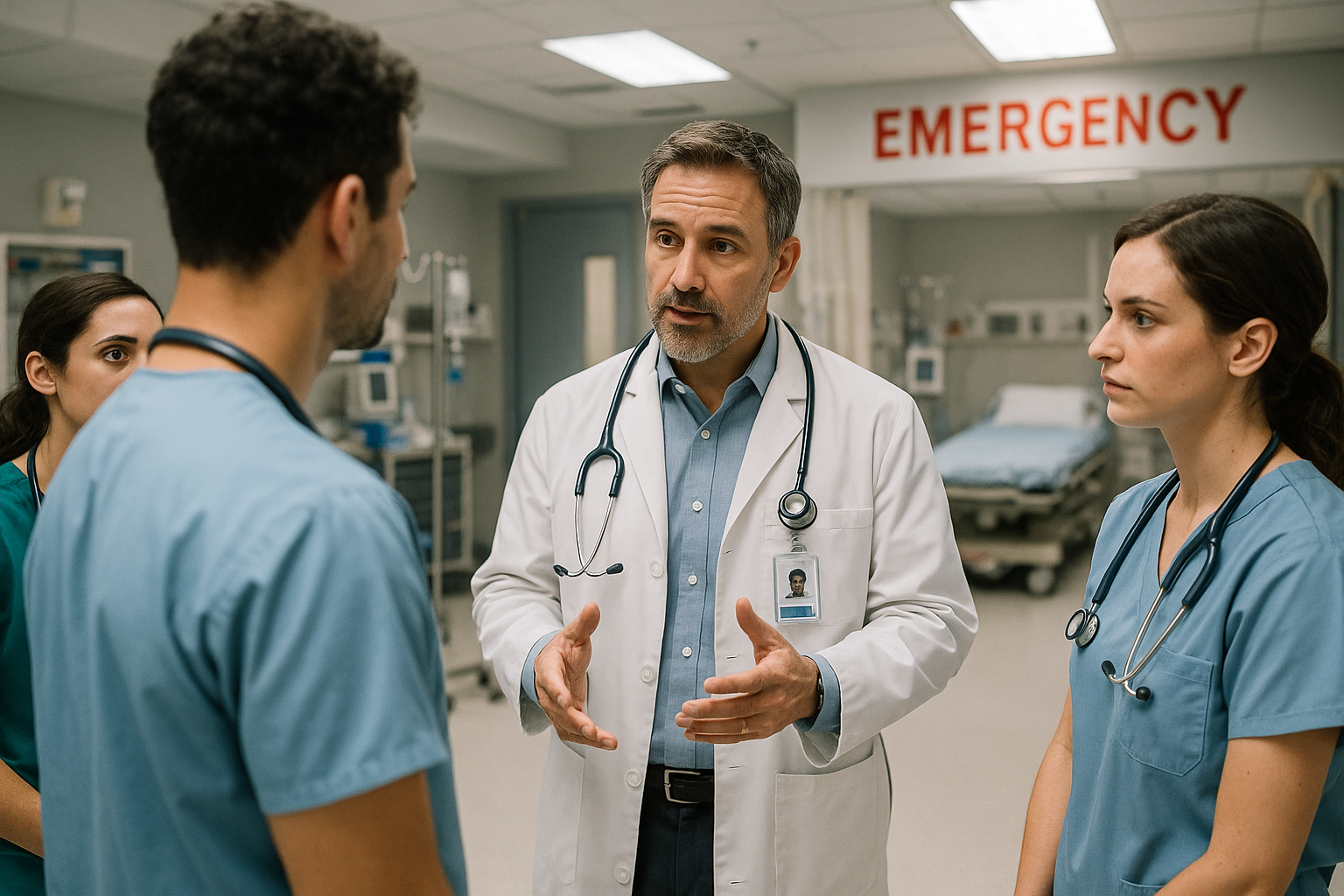 Create a picture of an ER with a doctor speaking with residents-1