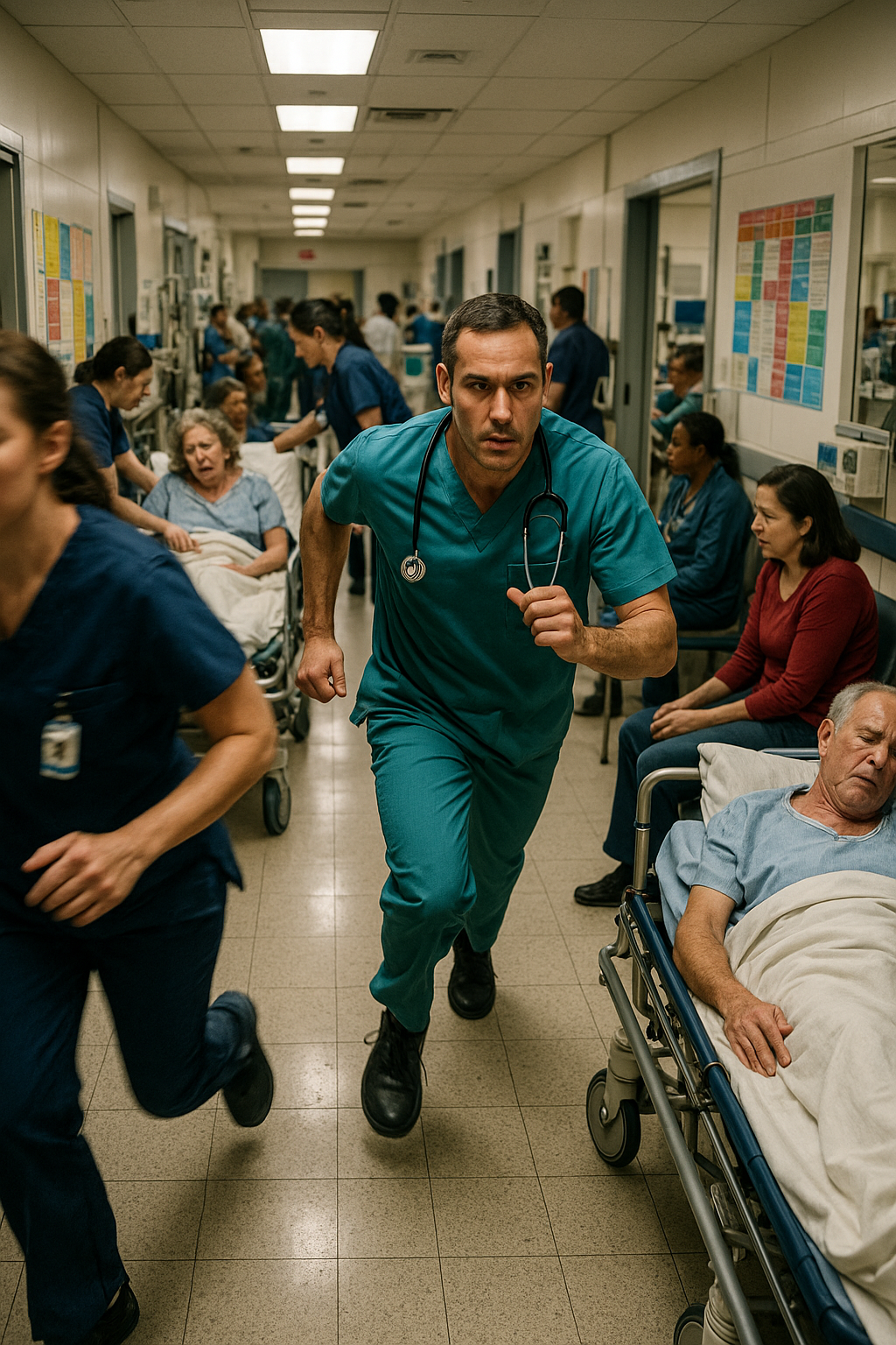 Visualize a bustling emergency room where the atmosphere is charged with urgency and tension The scene is filled with patients waiting on gurneys and in chairs some visibly in distress while nurses and medical staff rush past their faces set with det
