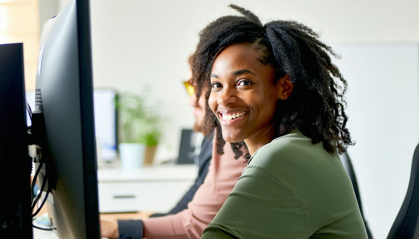 a person looking over the shoulder of another person sitting at a computer They should be smiling and happy-1