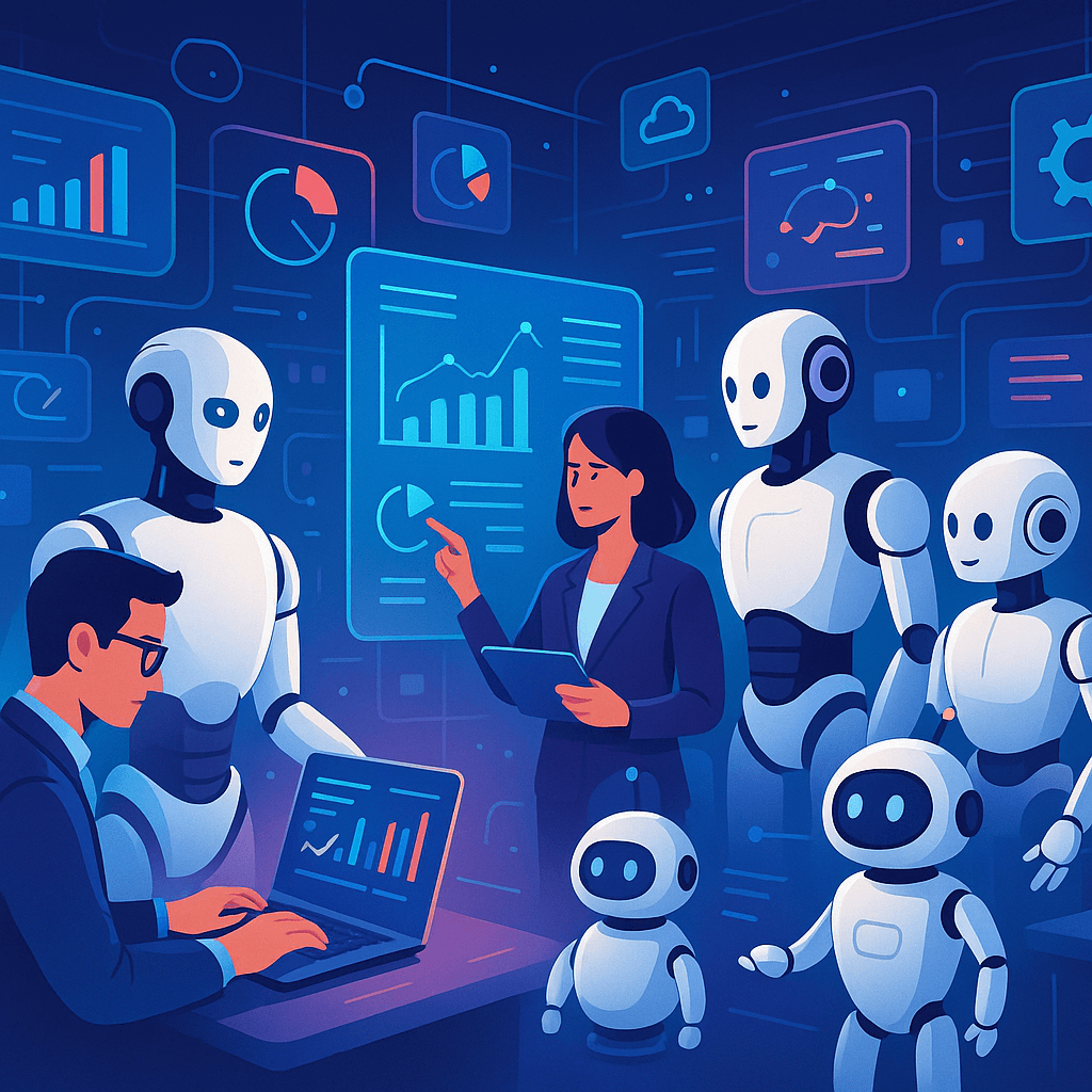 The image showcases a sleek hightech environment where AI agents and bots seamlessly interact with humans and each other embodying advanced technology in action In this futuristic setting digital interfaces glow with vibrant colors displaying realtime data
